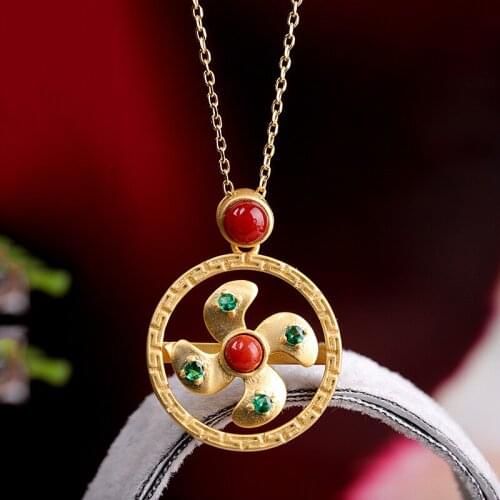 Korean Fashion New Item S925 Silver Jewelry Womens Inlaid South Red AAA Zircon Windmill Necklace