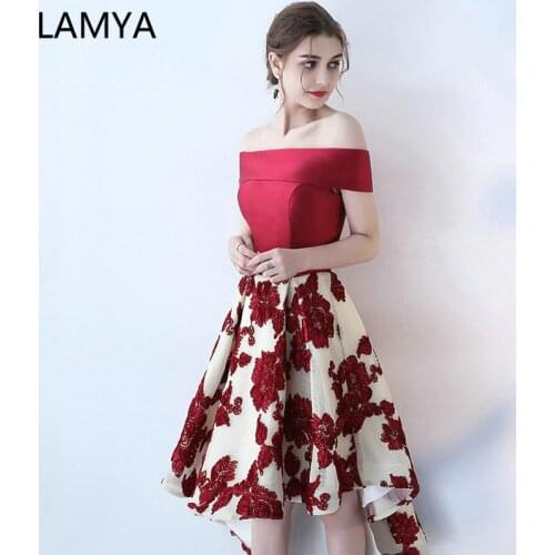 LAMYA Vintage Burgundy Satin High Low Prom Dresses 2021 Banquet Front Back Long Tail Evening Dress Boat Neck Party Formal Gown