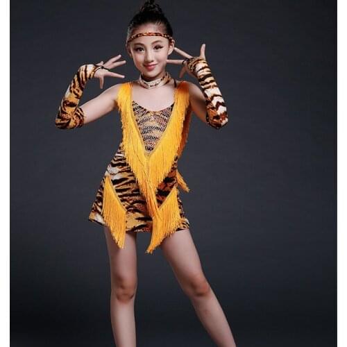 Latino Costumes New Style Girls Leopard Pattern Latin Dance Dress Fringe Child Sleeveless Modal Ballroom Latin Dance Dresses
