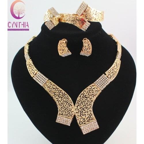 Fashion Necklace Ring Bracelet Earrings Gold Color Fine Jewelry Sets For Women Bridal Crystal Wedding Dress Accessories Set