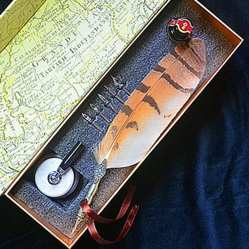 Signature Calligraphy Quill Owl Feather Pen Set with Ceraminc Pen Holder 5 Nibs 1 Ink Retro Carving Wedding Gift Dip Pen
