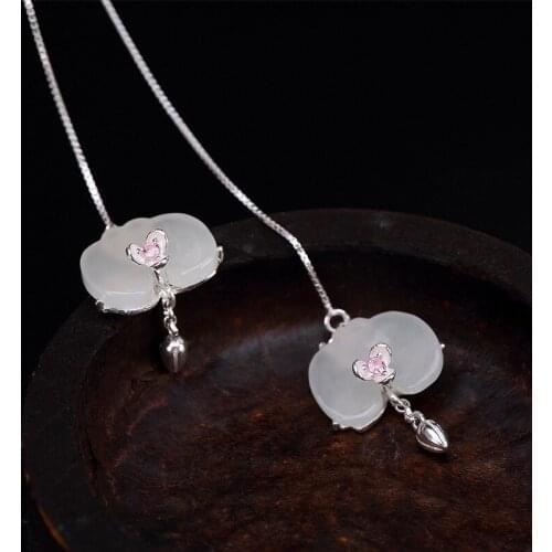 Natural retro mosaic plum blossom butterfly white jade ear line 925 silver carved charm jadeite jewelry fashion for woman gifts