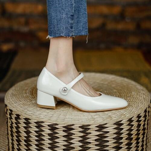 Osunlina 2021 New Mary Jane Pumps Round Toe 4cm High Square Heels Genuine Leather Shallow Elegant Sweet Work Leisure Shoes