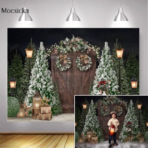 Christmas Rustic Wooden Door Photography Background Winter Snow Green Pine Children Portrait Background Gifts Light Photo Shoot
