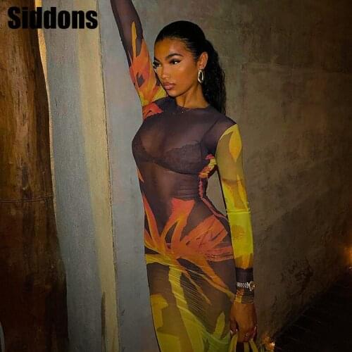 Long Sleeve Mesh See Through Skinny Dress Sexy Women Party Club Bodycon Maxi Dress Vestido