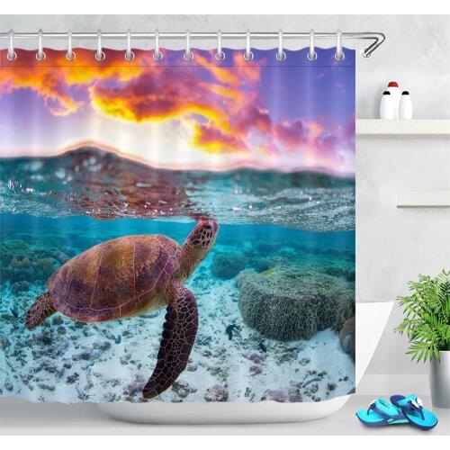 Sea Turtle Pattern Bath Curtains Marine Animal Life Bathroom Fabric Shower Curtain Waterproof Polyester Curtain with 12 Hooks