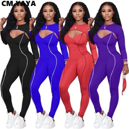 CM.YAYA Sport Womens Set Long Sleeve Crop Tops Spaghetti Strap Jumpsuit Set Tracksuit Fitness Two Piece Outfit Active Sweatsuit