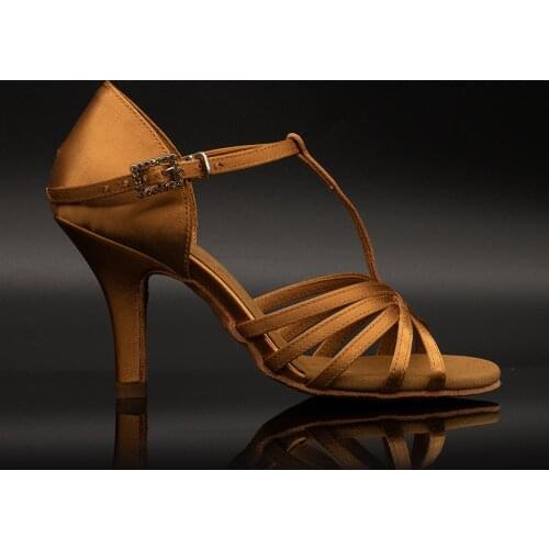 Suphini【Deja vu】Deep Tan Satin T Strap 8cm Slim Heel Dance Sandals
