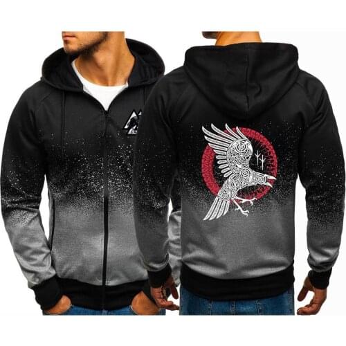 Unisex Men Spring Autumn Viking Legend Ragnars Raven Print Hoodies Jackets Man Sweatshirts Gradient Zipper Coats