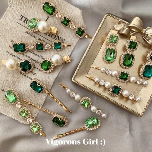 Vintage green rhinestone pearl hair clips headwear barrettes hair accessories