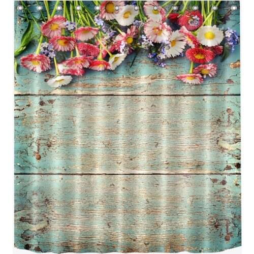 72'' Bathroom Waterproof Fabric Shower Curtain Polyester 12 Hooks Bath Accessory Sets Flowers On Shabby Fade Old Wooden Boards