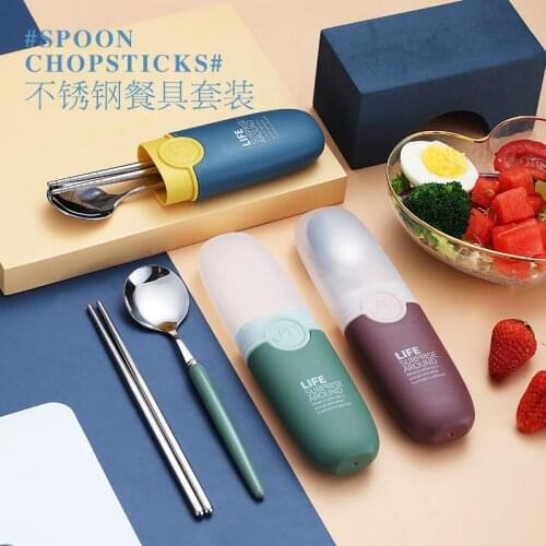 High-grade Reusable 304 Stainless Steel Spoon Chopsticks Portable Case Dinnerware Set Travel Camping Cutlery Set With Storage Bo