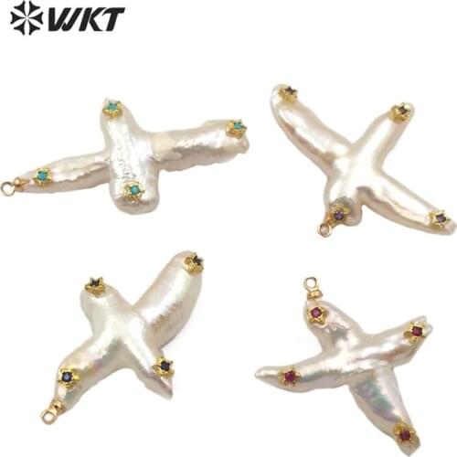 WT-MP139 Natural Freshwater Pearl Pendant & CZ Paved Cross Shape With Multi Color Gem stone paved Pearl Charm Pendant