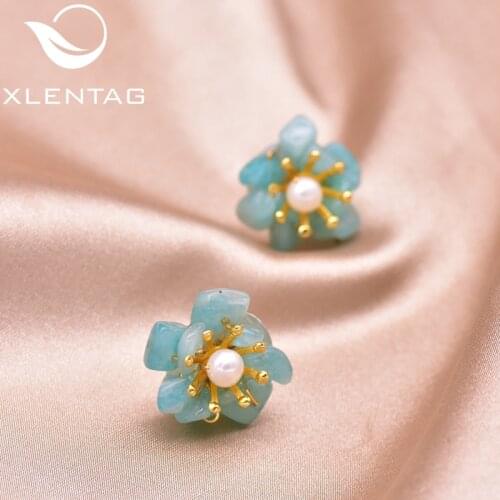 XlentAg 925 Sterling Silver Natural Fresh Water White Pearl Blue Stones Stud Earrings For Women Minimalist Birthday Gift GE0019