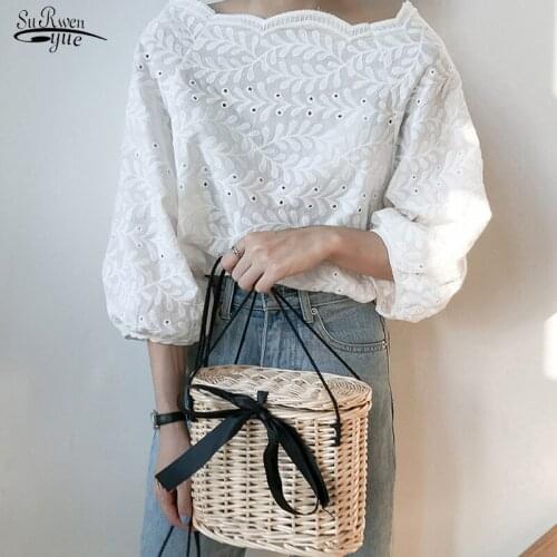 Summer Autumn New Arrival Korean Fashion Women Loose 3/4 Sleeve Embroidery Lace Shirt Sweet Cute Slash Neck White Blouse 15573