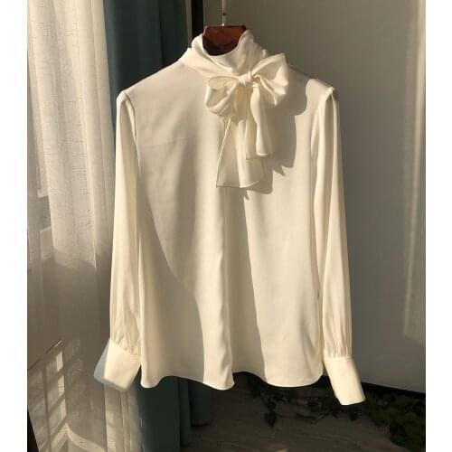 Ladies Silk Long Sleeve Ribbon Collar Solid Color Blouse Shirt Top