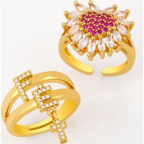 Crystal Adjustable Red Heart Rings For Women CZ Pave Gold Letter Cross Open Cuff Finger Ring Statement Jewelry Women Gift rigj56