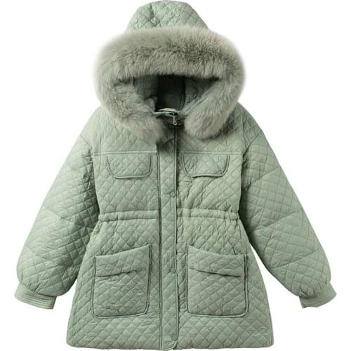 Winter 2021 new down jacket women fashion rhombus short white duck down hooded fur collar long-sleeved jacket