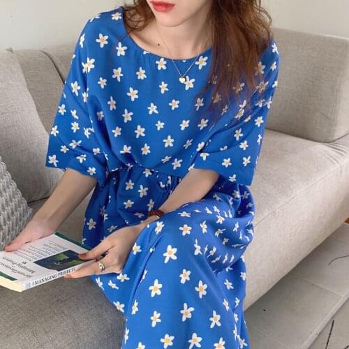 2021 Women Summer Elegant Oversize Long Floral Dress Drawstring Waistbelt Round Collar A-line Maxi Pullover Sundress