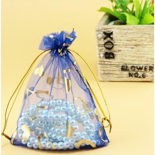 100pcs/lot Royal Blue Organza Bags 11x16cm Wedding Candy Jewelry Packaging Bags Heart Print Organza Drawstring Gift Bag Pouch