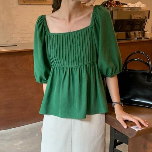 2021 Promotion 20665 [1 Room Side Row No.1 Middle] Non Real Net Red Picture Square Collar Bubble Sleeve Short Shirt 37