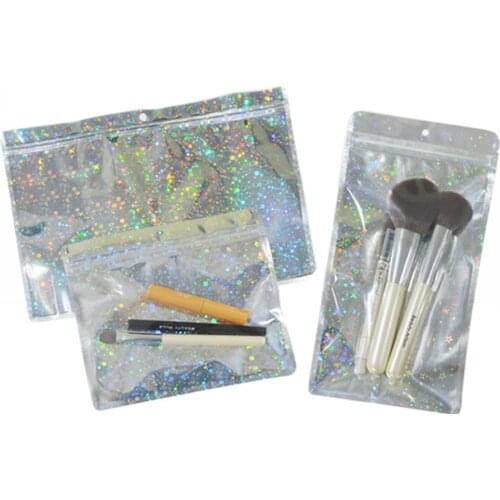 50pcs Big Holographic Laser Ziplock Aluminum Foil Mylar Bags Cosmetic Jewelry Front Holographic Zipper Flat Pouches Hang Hole