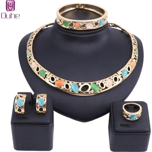 Big Nigerian Wedding African Beads Jewelry Sets Cats eye Crystal Dubai Gold Color Jewelry Sets For Women Costume Design