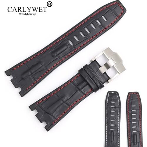 CARLYWET 28mm Black Real Leather Handmade Thick Wrist Watch Band Strap Belt For Oak Offshore 42mm