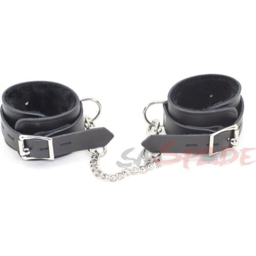 SMspade black leather bondage restraint handcuffs,soft wrist cuffs,adult sex restraints for couples,buckles adjustable handcuffs