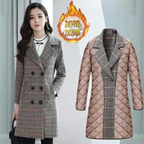 Elegant Womens Woolen Coat 2020 New Autumn Winter Plaid Jacket Mid-length Double Breasted Thick Casual Outerwear Plus Size 6XL