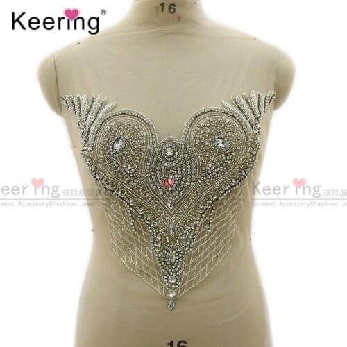 Keering 3D Hand-Made Rhineston Beads Silver Love Bodice Applique for Bride Dress WDP-310