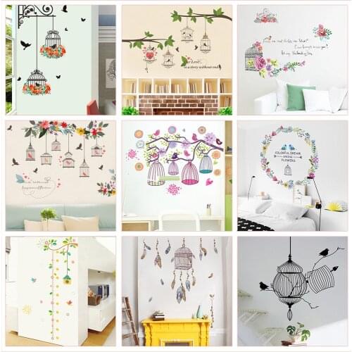Creative Bird Cage With Flower Tree Branch Wall Sticker For Shop Office Bedroom Home Art Diy Pvc Decal Decoration Pastoral Mural