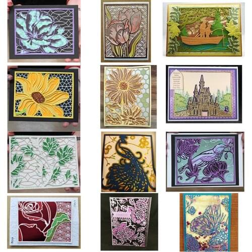 Multi-Layers Background Cutting Dies Flowers Tulip Peacock Church Fishing Scenes Diecut for DIY Scrapbooking Paper Card New 2020