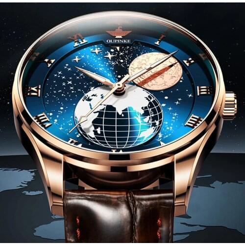 Mens Automatic Mechanical Watch Miyota Movement Luxury 3D Earth Sky Stainless Steel Moon Phase Luminous Wristwatch OUPINKE 2021
