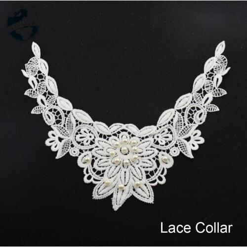 Lace false collar with bead white embroidered fake lace collar small applique sewing supplies african guipure lace collars#3642A