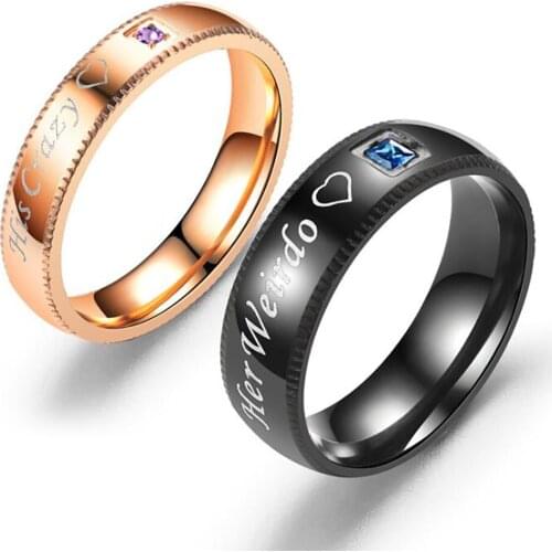 Stainless Steel Rose Gold Black Zircon Stone His Her KING QUEEN Finger Ring Jewelry Wedding Gift For Lovers