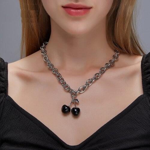 New Kpop Black Cherry Necklace for Women Halloween Goth Thick Chain Necklaces Fruit Pendant Choker Fashion Clavicle Chain Gift