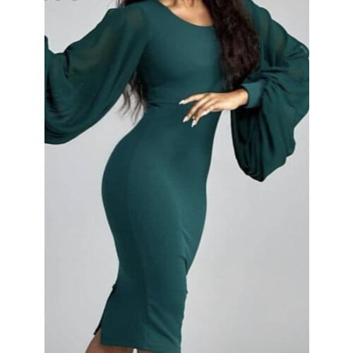 Bodycon Dresses Women Lantern Sleeve Green Knee Length Slim fit Sexy Party Celebrate Fashion Office Lady Robe Plus Size 2021 New
