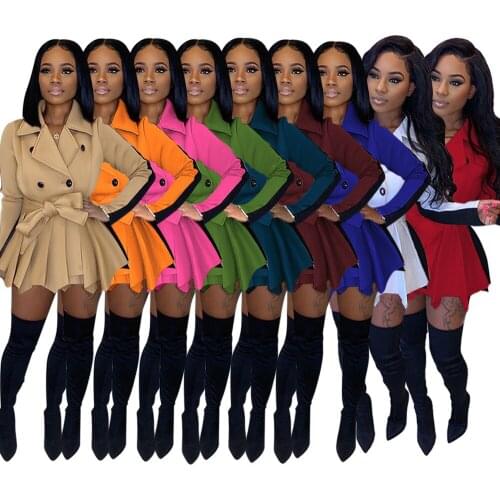Autumn Winter Women Slim Blazer Mini Dress Fashion Ladies Sexy Pleated Patchwork Streetwear Long Sleeve Thickened Windbreak Belt