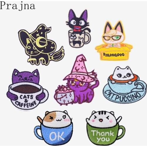 Prajna 8PCS Cartoon Cat Applique Patches For Clothing Thermoadhesive Patches Animal Embroiderd Paches On Clothes Stickers Badges
