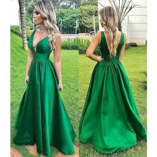 Sexy Long V-Neck Green Evening Dresses with Pockets A-Line Open Back Satin Abendkleid Robes de Soirée for Women