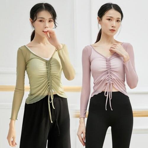 Adult Mesh V Neck Ballet Latin Belly Dance Yoga Top Transparent Blouse Shirt Costume Women Dancing Clothes Dancer Wear Clothing