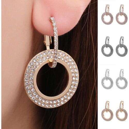 Women Fashion Rhinestone Double Circle Hoop Huggie Earrings Party Jewelry Charm
