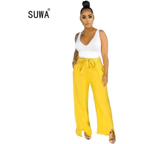 2020 Hot Sale Streetwear Women High Waist Wide Leg Pants Office Lady Sashes Pocket Long Trousers 3 Color Bottoms