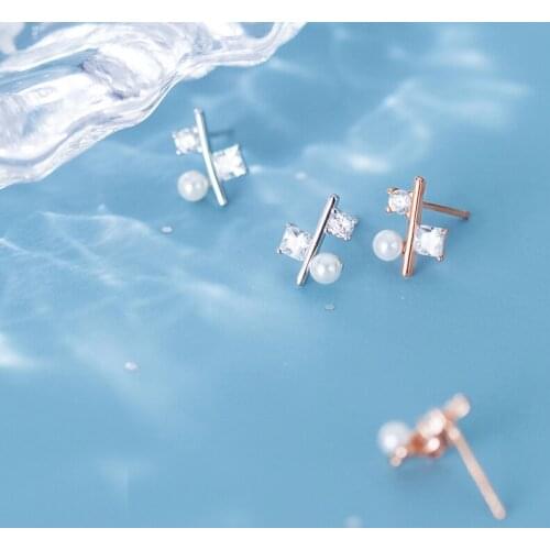 MloveAcc 925 Sterling Silver Geometry CZ Pearl Stud Earrings for Women New Style Party Jewelry