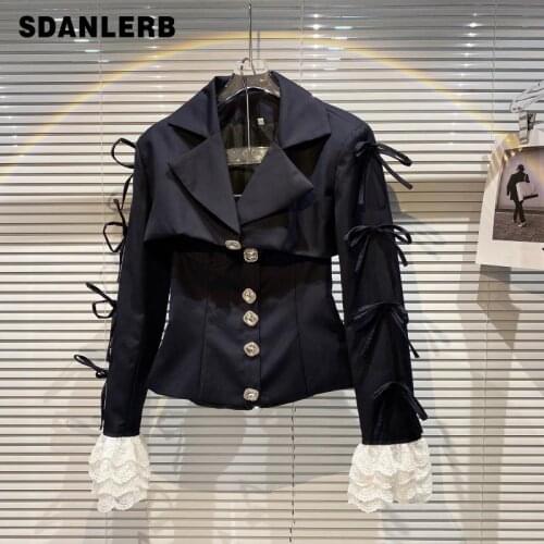 2021 Spring Autumn Women Long Sleeve Short Blazer New Rhinestone Buckle Tube Top Bow Lace Sleeve Suit Jacket Two-Piece Set
