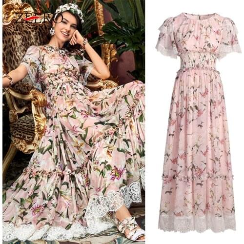 Women Summer 2020 Floral Print Lace Patchwork Runway Long Dresses Elegant Female Vintage Ruffles Maxi Party Dresses Vestidos