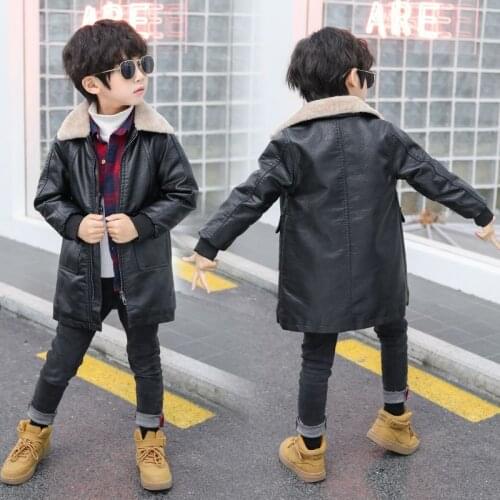 Winter Fashion Children Jackets Fake Cow Leather Boys Long Coats Plus Velvet Warm Child Outwear lapel Thicken Leather Jackets