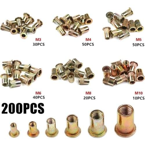 200PCS Carbon steel Rivet Nuts M3 M4 M6 M8 M10 Flat Head Rivet Nuts Set Nuts Insert Riveting Multi Size