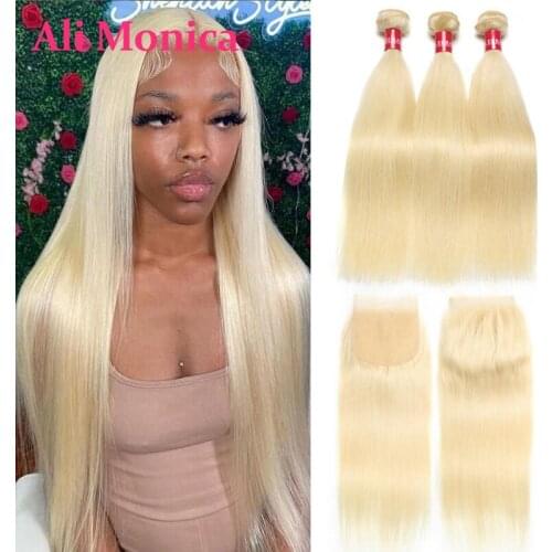4x4 Lace Closure And Bundles Straight Remy Brazilian Hair Pre Plucked 613 Blonde Colored Human Hair 3/4 Bundles With Closure